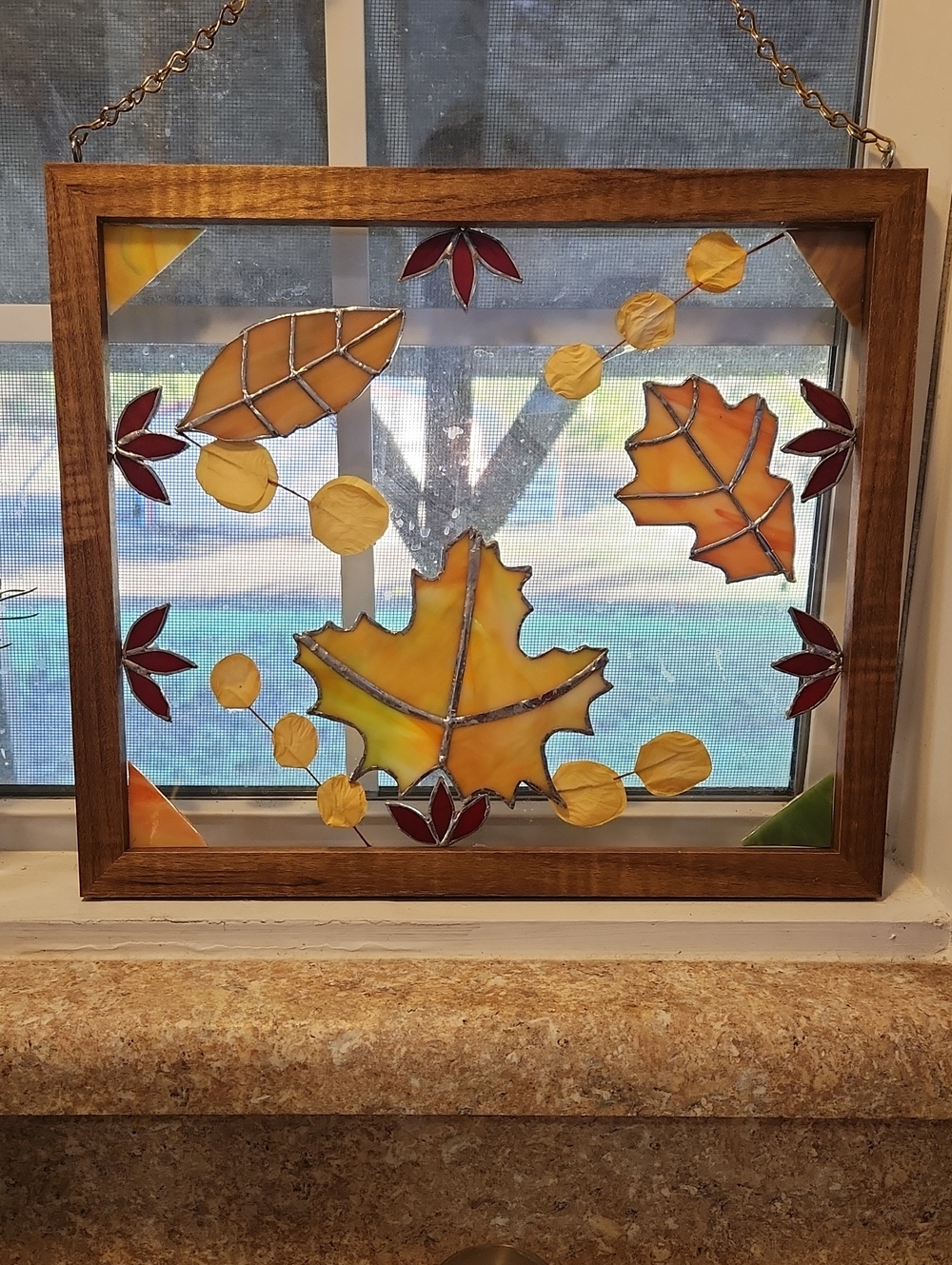 Stained Glass Autumn Leaf Reversable Window Panel - Yellow & Orange